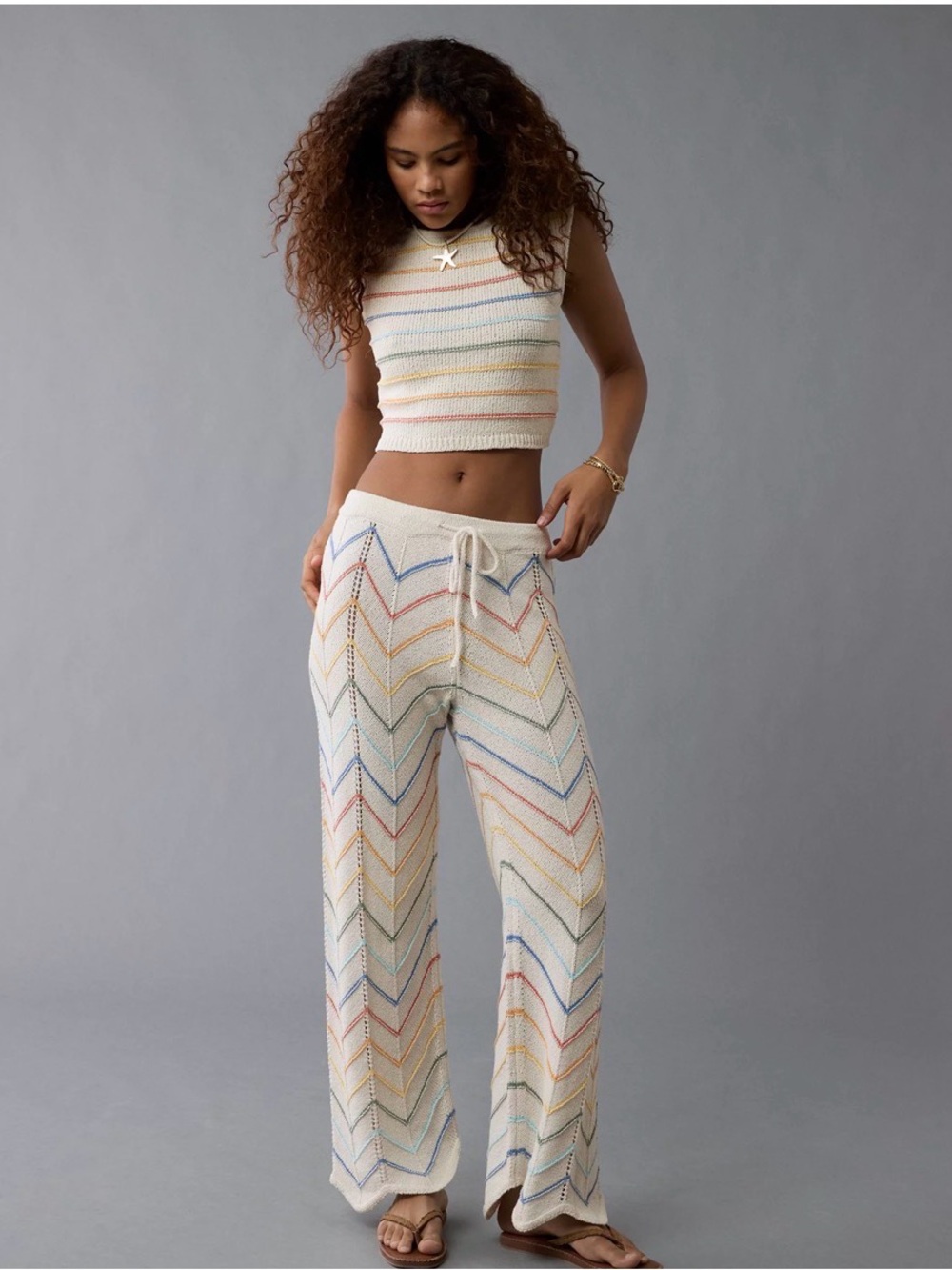 American Eagle Outfitters Cream Straight-Leg Knit Pants with Multicolor Chevron
